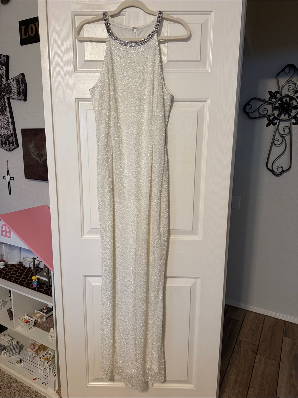 Mac Duggal Elegant White Beaded Halter Evening Dress